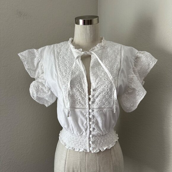 1. State White Eyelet Lace Crop Blouse With Flutter Sleeves Lightweight Minimali - Picture 1 of 12